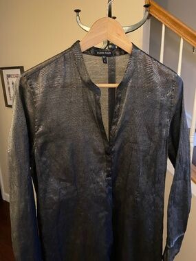 Eileen Fisher Sheer Silk Blend Metallic Split Neck Tunic Shirtdress Size Medium